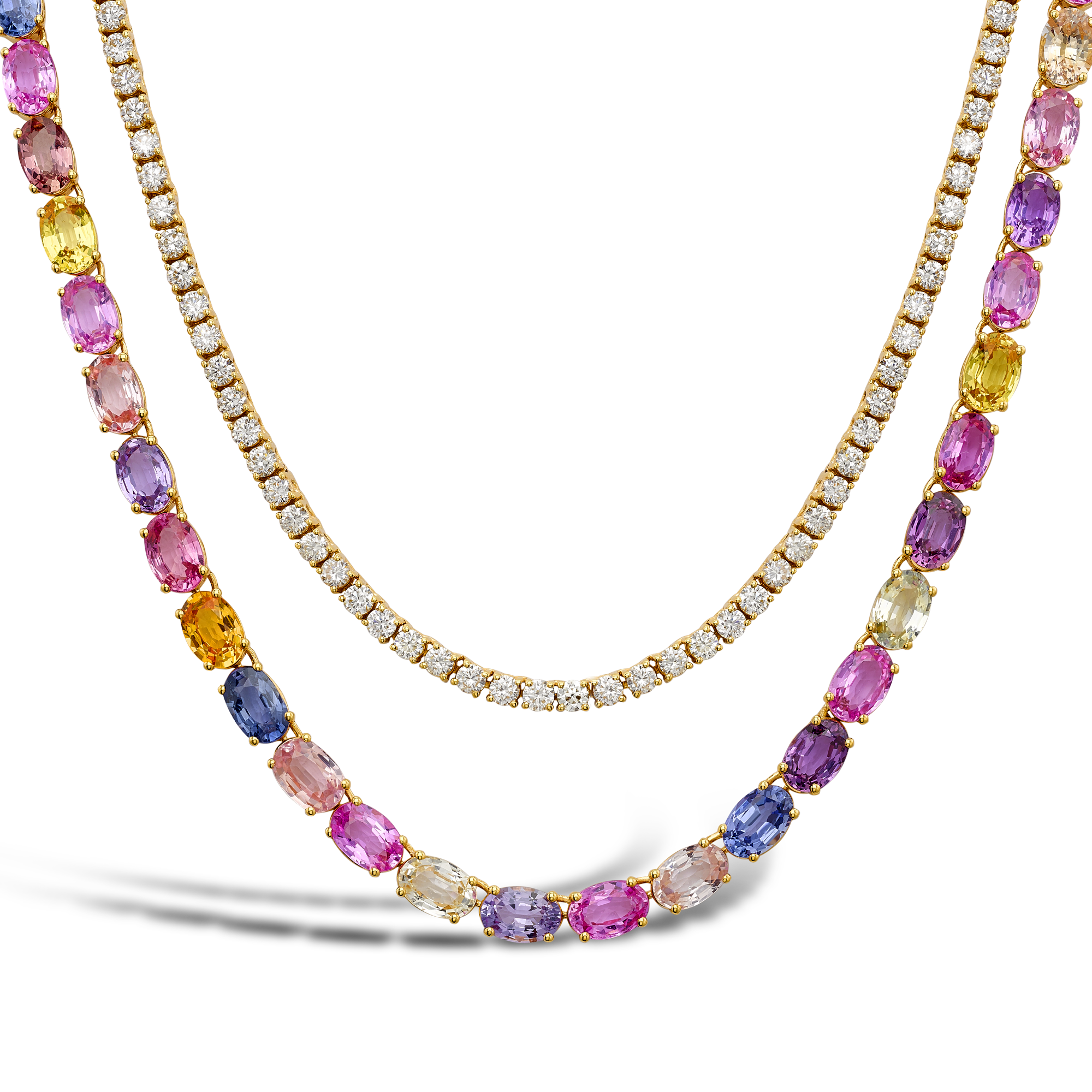 Rainbow Fancy Sapphire and Diamond Two-Row Necklace Oval Cut, Claw Set_2