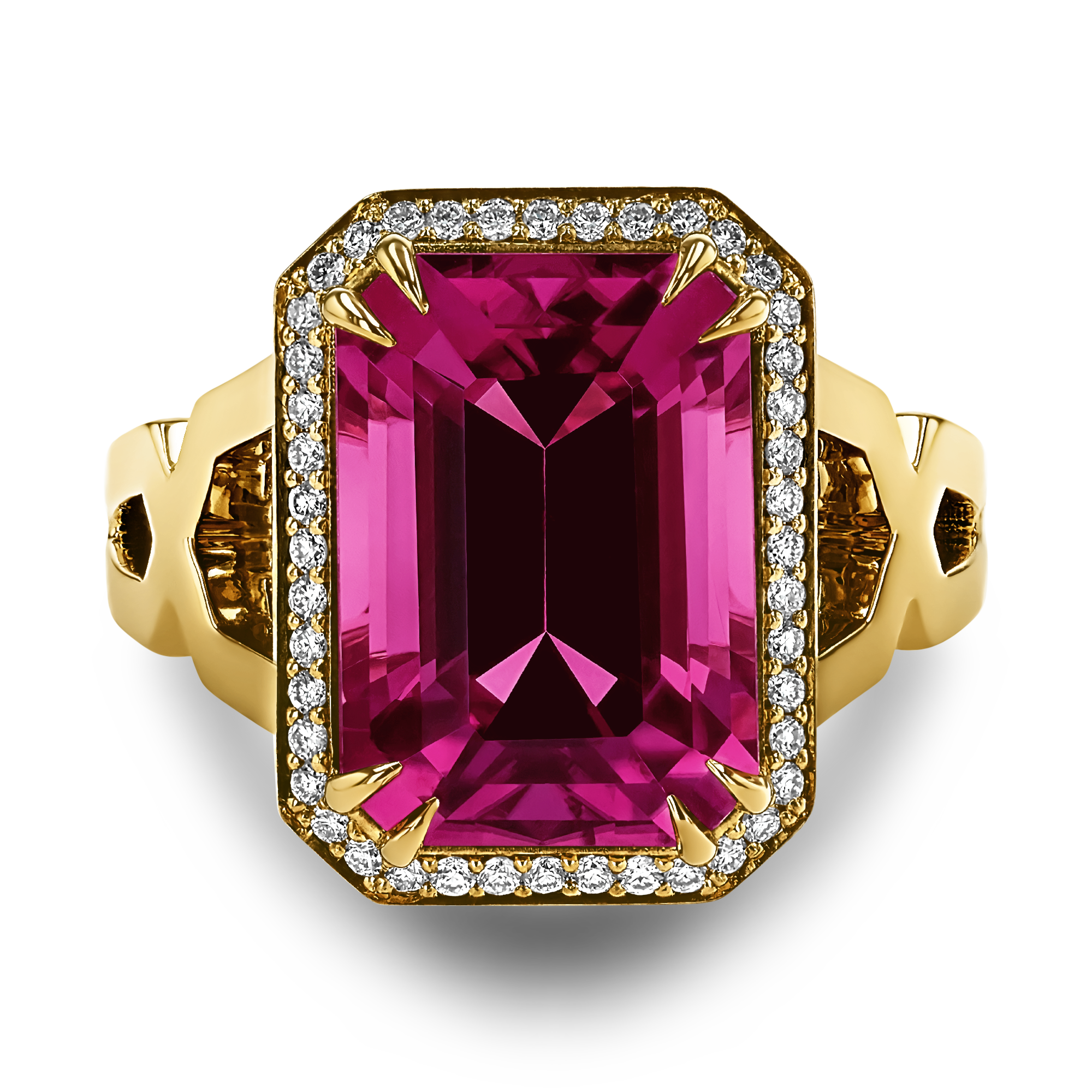 Pink Tourmaline and Diamond Ring Emerald Cut, Four Claw Set_2