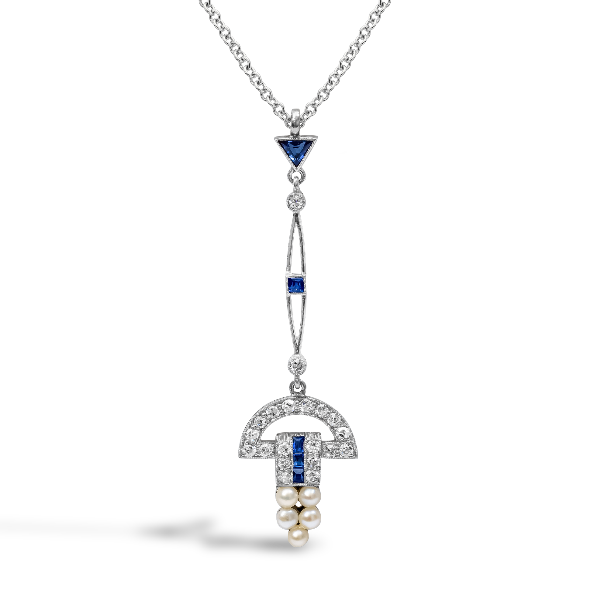 Trillion Cut Sapphire, Diamond and Pearl Pendant Trillion & Brilliant Cut, Millegrain_1