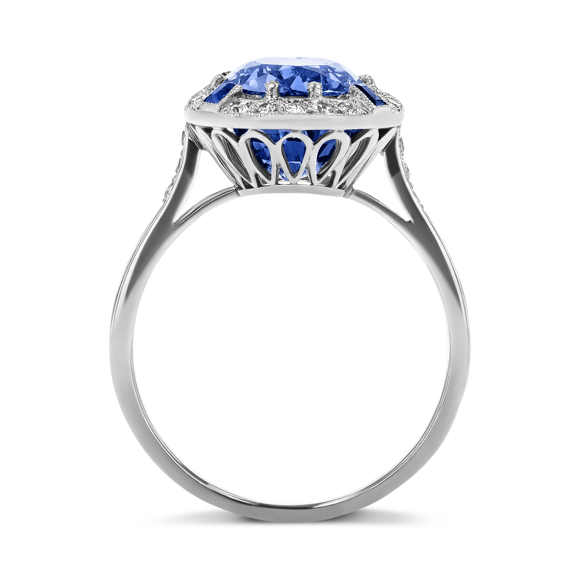 Art Deco 6.03ct Sapphire and Diamond Cluster Ring Cushion Antique Cut, Claw Set_3