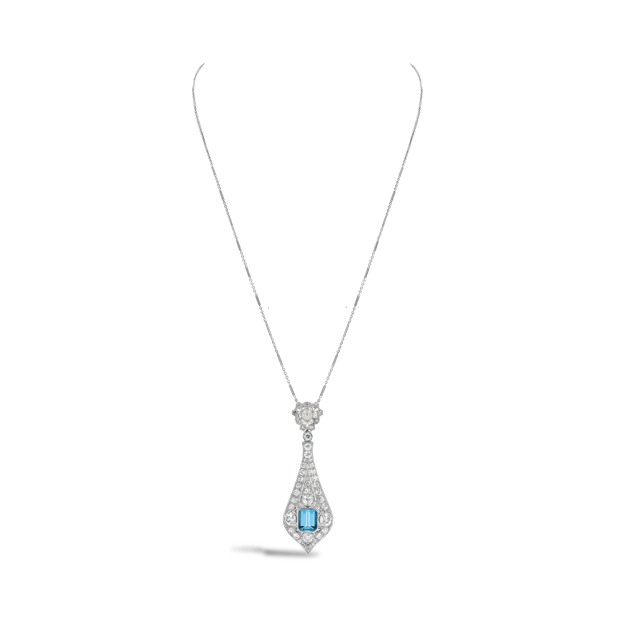 Edwardian 4.06ct Aquamarine and Diamond Filigree Drop Style Pendant Emerald Cut, Millegrain Set_2