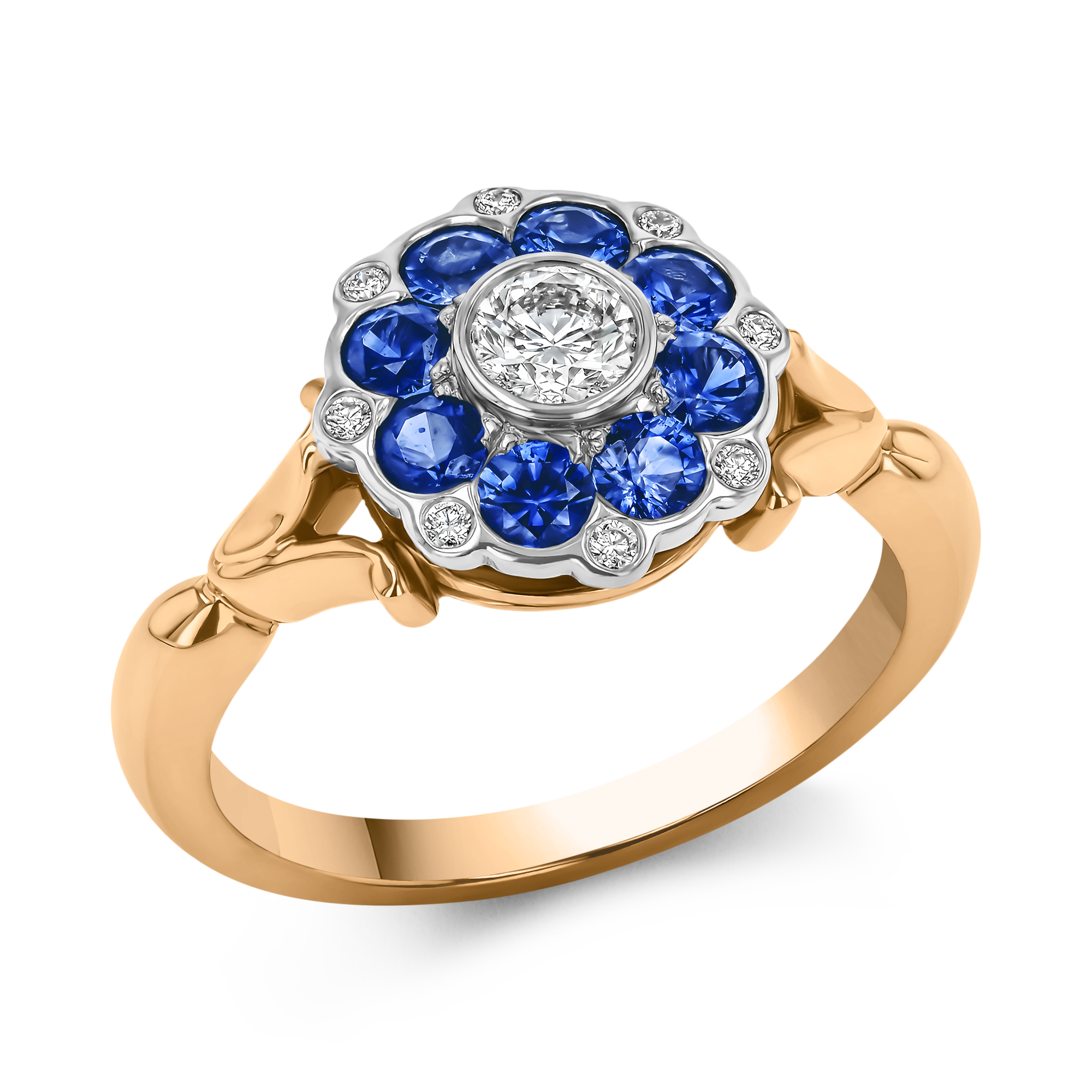 Brilliant Cut Sapphire and Diamond Cluster Ring Brilliant Cut, Rubover Set_1