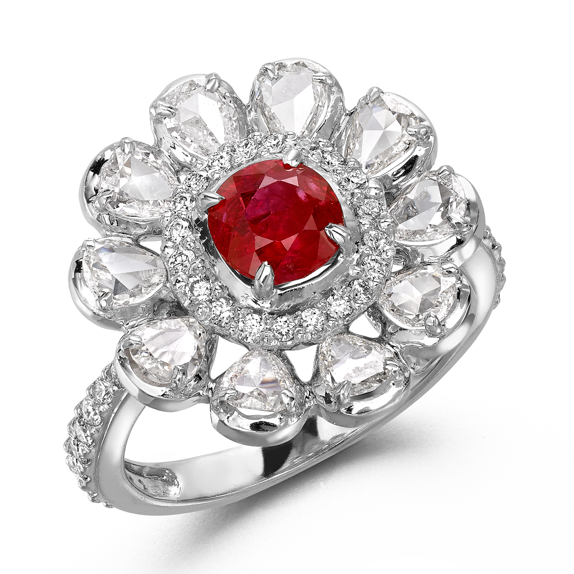 Cushion Cut Ruby Ring Cluster Ring with Pear Cut Shoulders_1