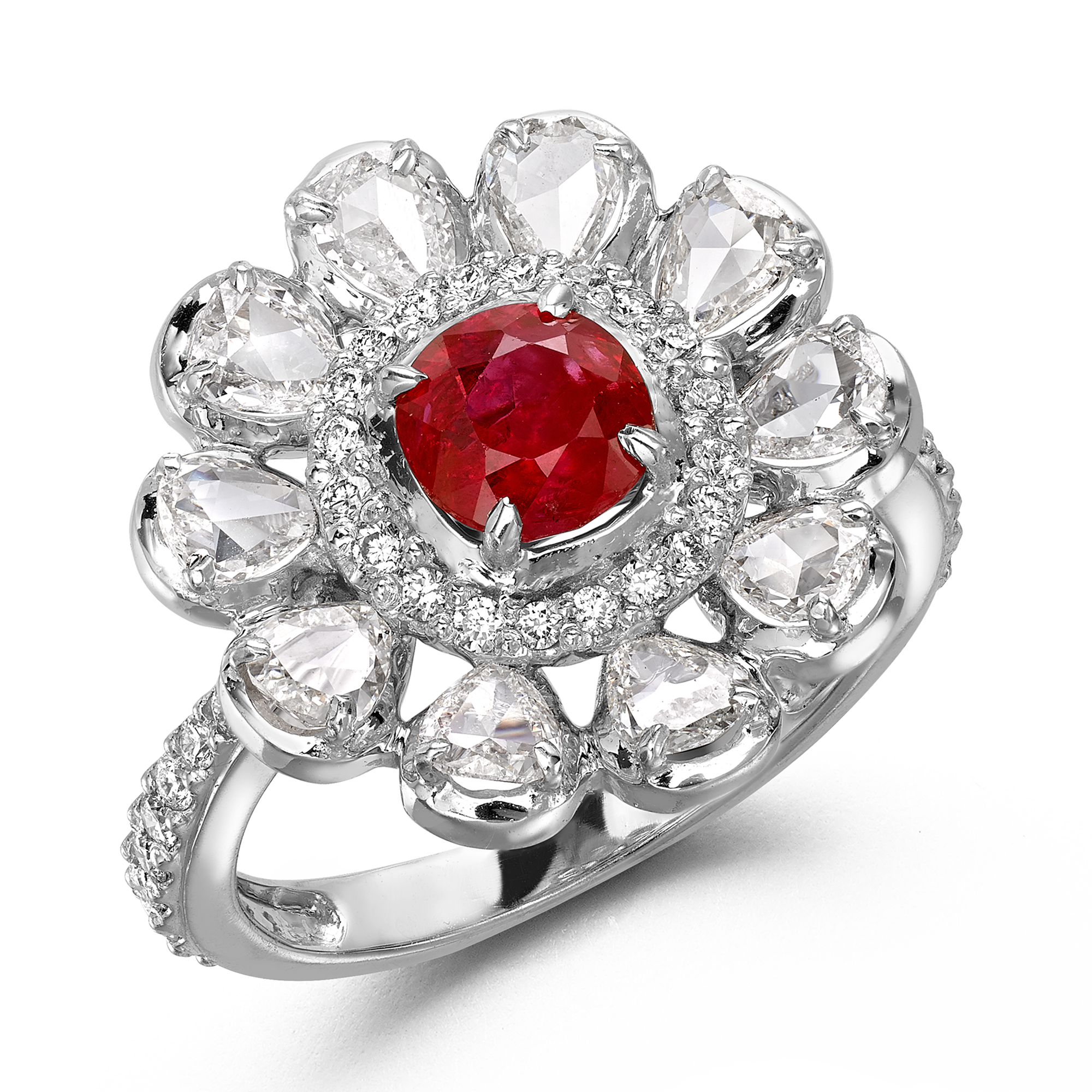 Cushion Cut Ruby Ring Cluster Ring with Pear Cut Shoulders_1