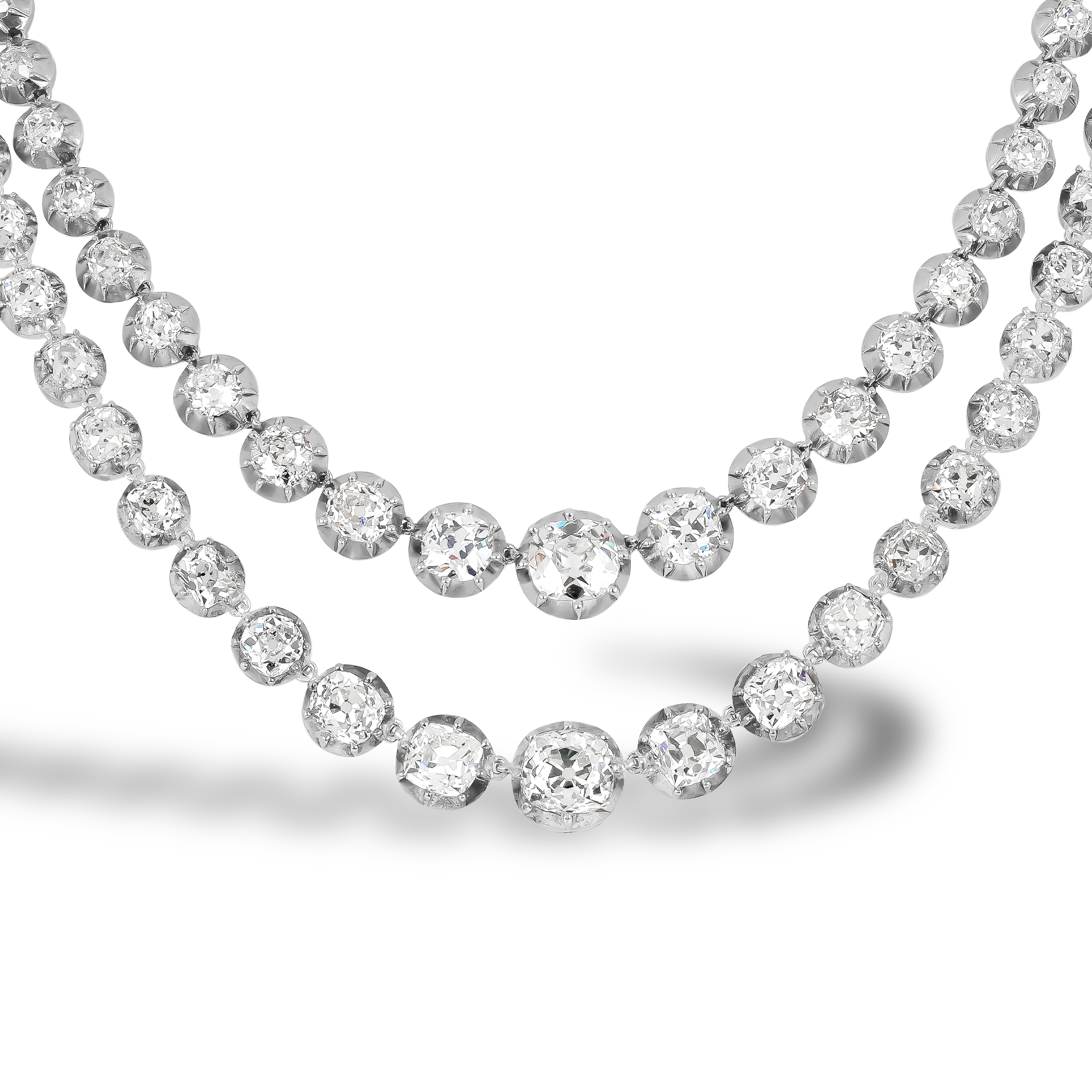 Victorian Two-Row Old Cut 69.00ct Diamond Necklace Old Mine Cut, Rubover Set_3