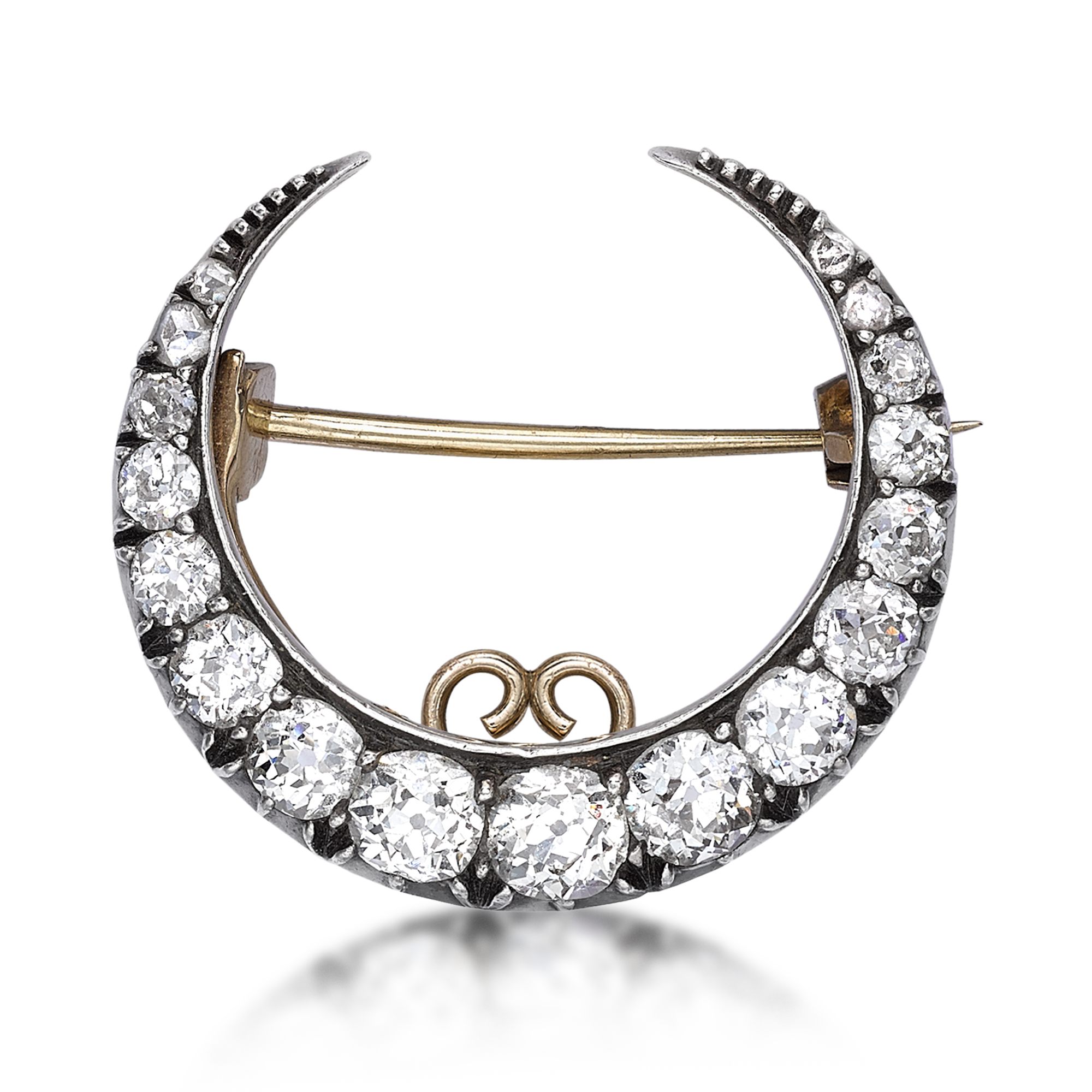 Victorian Diamond Crescent Moon Brooch Old Cut Diamond Pin Brooch_1