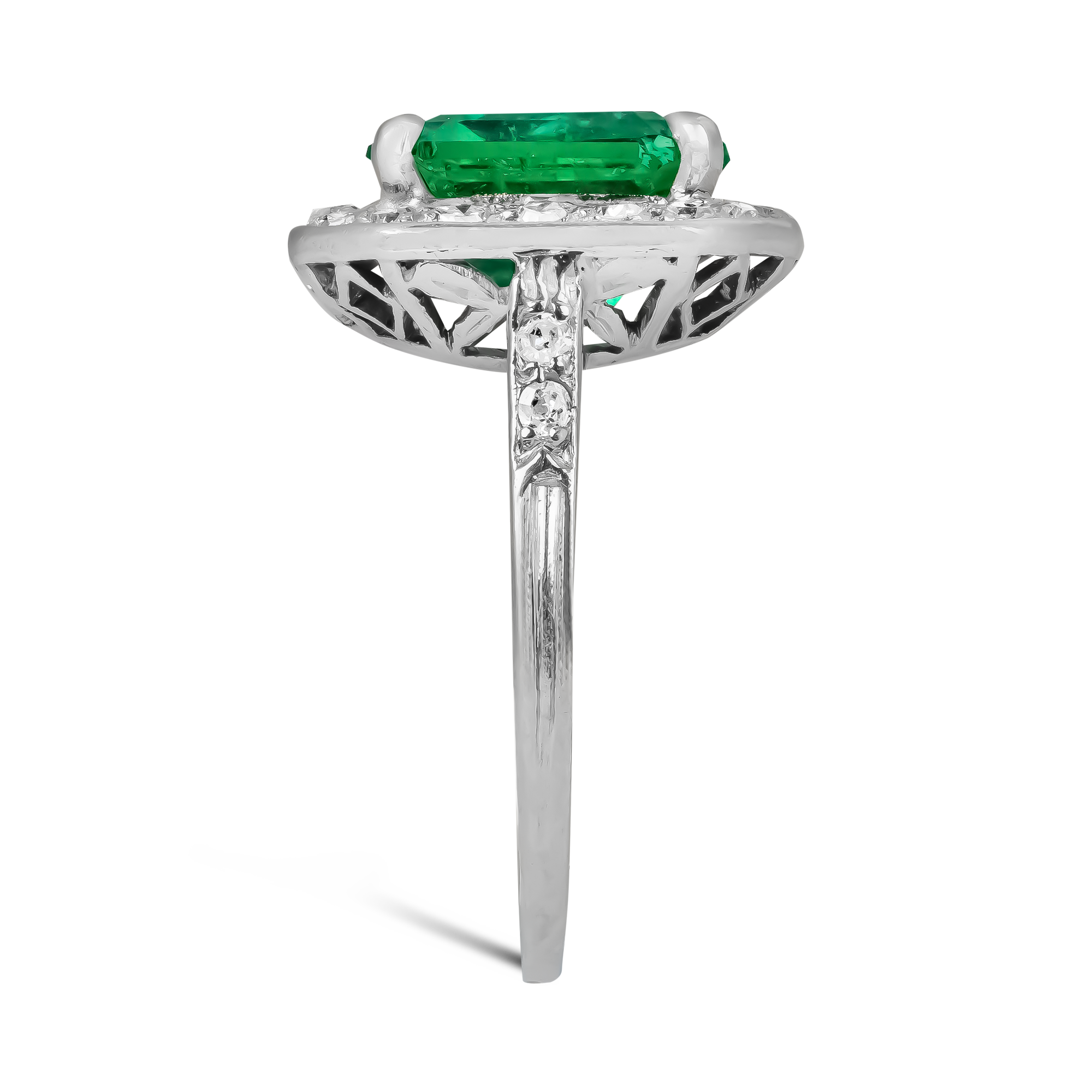 Edwardian Octagonal Cut 3.17ct Emerald and Diamond Ring Octagonal Cut, Claw Set_4