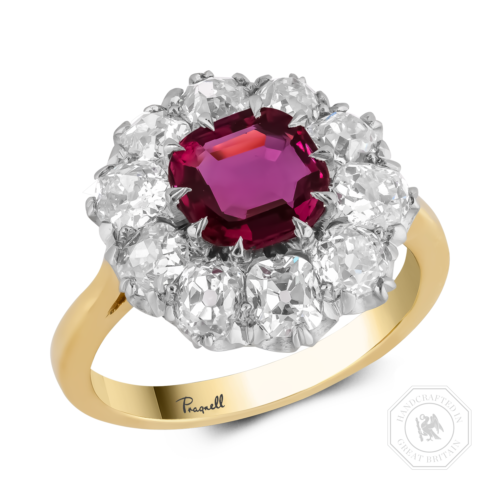Antique Cushion Cut 1.30ct Ruby and Diamond Cluster Ring Antique Cushion Cut, Claw Set_1