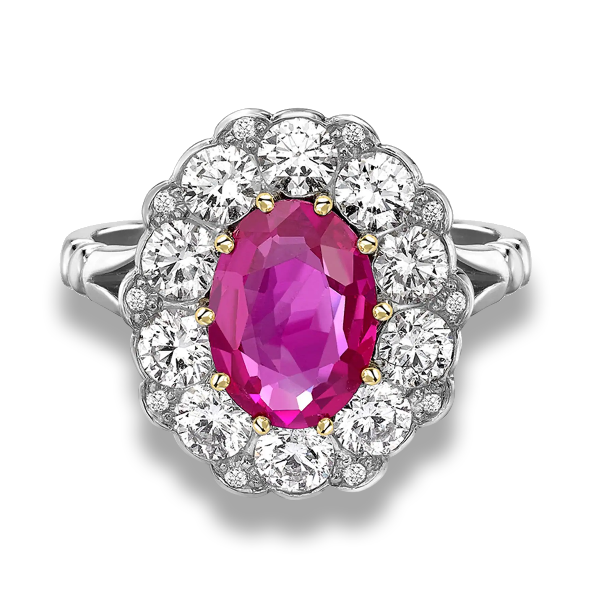 Contemporary 1.66ct Burmese Pink Sapphire and Diamond Cluster Ring Oval Cut, Claw Set_2