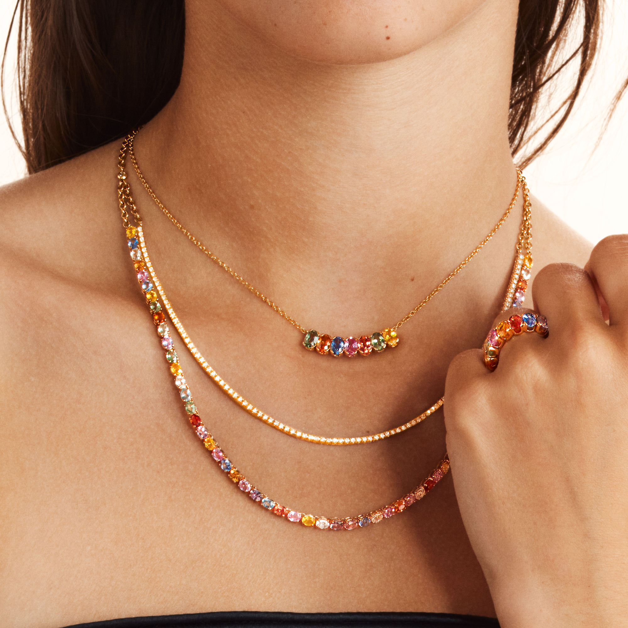Rainbow Fancy Sapphire and Diamond Two-Row Necklace Oval Cut, Claw Set_10